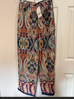 Zara Satin Colorful Paisley Print Wide Leg Pants